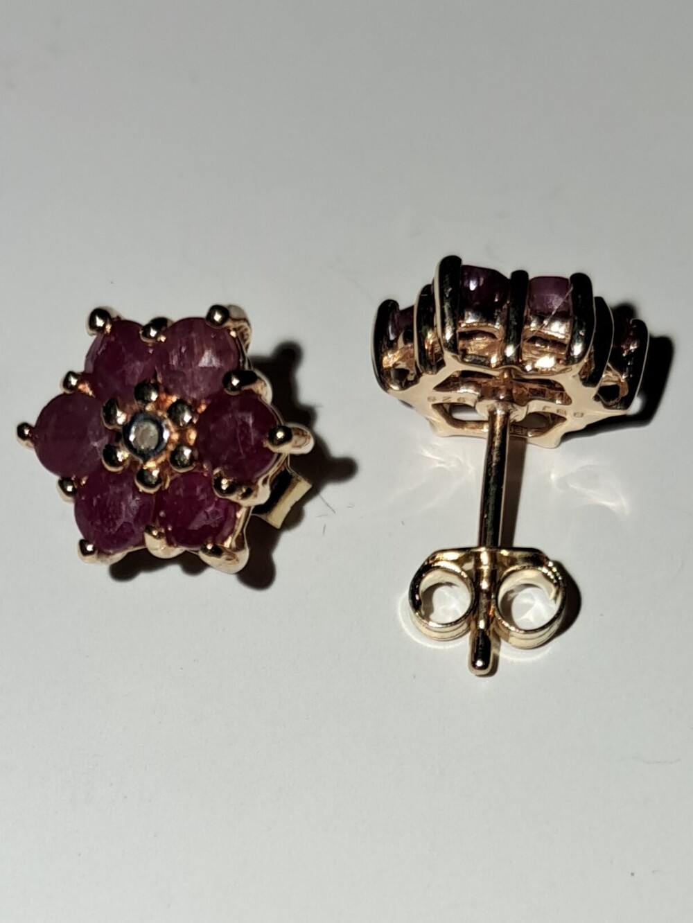 Gold Ruby Cluster Stud Earrings - Deep Red
